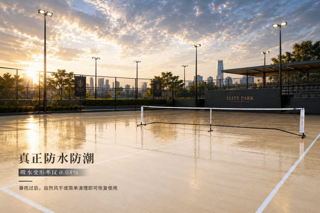 戶外生物基運動球場圖,展示產品防水防潮性能,吸水變形率僅 0.08%,暴雨后易清潔恢復使用