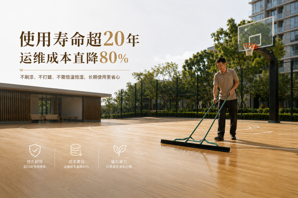 唯美康生物基運動地板就維護簡單，戶外使用壽命超20年，運維成本直降80%，省心省力。